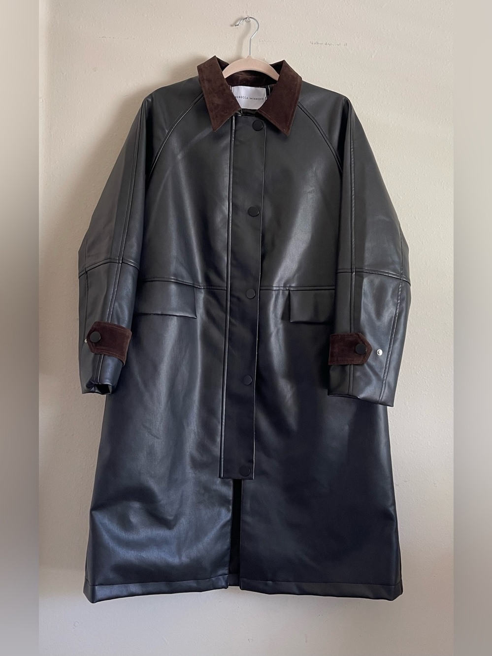 Rebecca Minkoff Black Leather Trench Coat with Brown Suede Collar